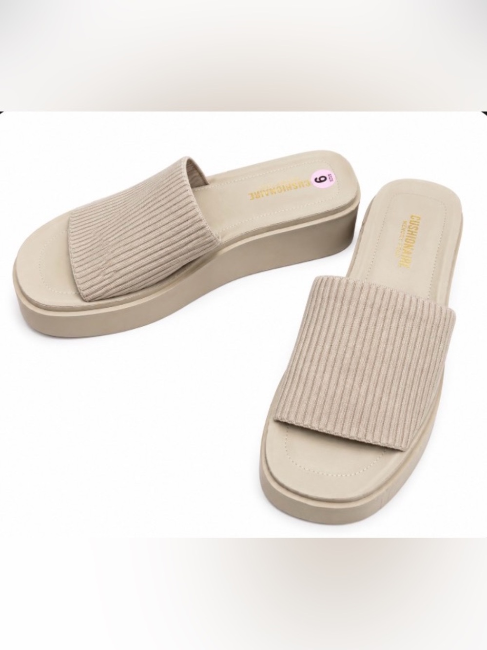 Cream Ribbed Platform Slide Mules - Size 9